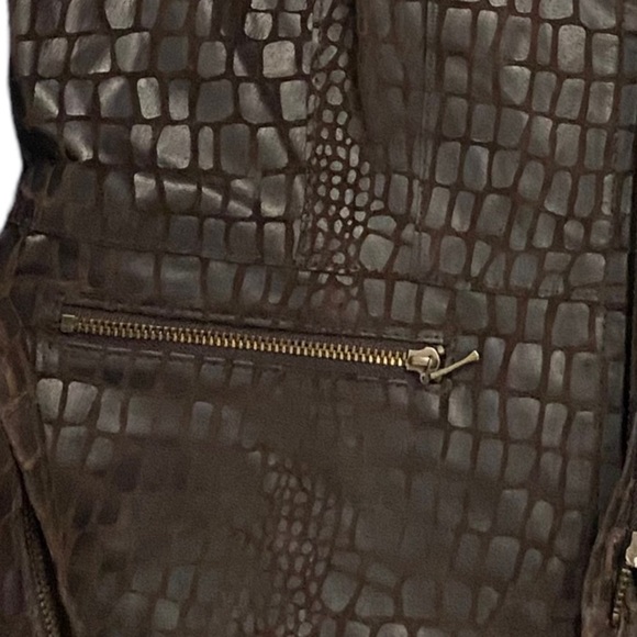 Alfani Petite Brown Leather Jacket Crew Neck Snake Skin Pockets Peplum PP - Picture 12 of 16